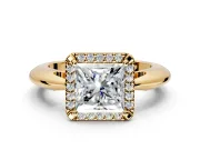 Halo Engagement Ring Setting for Princess Cut Center with Tapered Plain Band and Prong Head in Yellow Gold