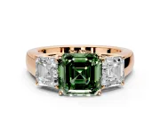 3 Stone Engagement Ring Setting for Fancy Green Asscher Cut Center with Raised Basket Heads and Prong Head in Rose Gold