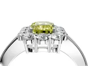 Halo Engagement Ring Setting for Fancy Yellow Emerald Cut Center with Milgrain Channel Band and Prong Head in Platinum