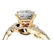 Solitaire Engagement Ring Setting for Princess Cut Center with Pave Bypass Twist Band and Prong Head in Yellow Gold