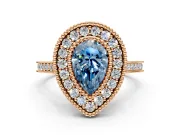 Halo Engagement Ring Setting for Fancy Blue Pear-Shaped Center with Milgrain Frame, Pave Band and Prong Head in Rose Gold