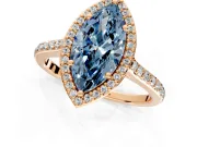 Halo Engagement Ring Setting for Fancy Blue Marquise Center with Pave Accents, Heart Basket and Prong Head in Rose Gold