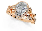 Halo Engagement Ring Setting for Pear-Shaped Center with Leaf Motif Split Shank and Prong Head in Rose Gold