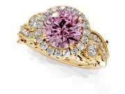 Milgrain Halo Engagement Ring Setting for Fancy Pink Round Cut Center with Shoulder Bezels and Prong Head in Yellow Gold