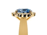 Halo Engagement Ring Setting for Fancy Blue Oval Center with Square Band and Prong Head in Yellow Gold