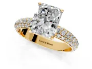 Solitaire Engagement Ring Setting for Radiant Cut Center with Domed Multi-Row Pave Band and Prong Head in Yellow Gold
