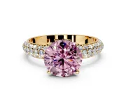 Solitaire Engagement Ring Setting for Fancy Pink Round Cut Center with Domed Multi-Row Pave Band and Prong Head in Yellow Gold
