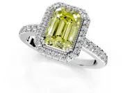 Halo Engagement Ring Setting for Fancy Yellow Emerald Cut Center with Inner Milgrain Border and Prong Head in Platinum