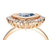 Halo Engagement Ring Setting for Fancy Blue Heart-Shaped Center with Milgrain Bezel Rim, Plain Band and Prong Head in Rose Gold