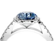 Halo Engagement Ring Setting for Fancy Blue Round Cut Center with Full Pave Band and Prong Head in White Gold