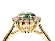Starburst Halo Engagement Ring Setting for Fancy Green Oval Center with Thin Round-Wire Band and Prong Head in Yellow Gold