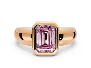 Solitaire Engagement Ring Setting for Fancy Pink Emerald Cut Center with Wide Band and Bezel Head in Rose Gold