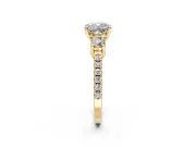 3 Stone Engagement Ring Setting for Cushion Cut Center with Round Cut Side Accents and Prong Head in Yellow Gold