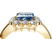 Halo Engagement Ring Setting for Fancy Blue Princess Cut Center with Milgrain Channel Band and Prong Head in Yellow Gold