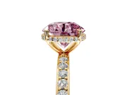 Hidden Halo Engagement Ring Setting for Fancy Pink Round Cut Center with Pave Band and Prong Head in Yellow Gold