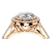 Double Halo Engagement Ring Setting for Oval Center with Narrow Pave Split Shank and Prong Head in Rose Gold