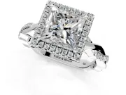 Halo Engagement Ring Setting for Princess Cut Center with Pave and Plain Twist Band and Prong Head in Platinum
