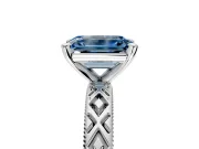 Solitaire Engagement Ring Setting for Fancy Blue Emerald Cut Center with Milgrain X Pattern Band and Prong Head in Platinum