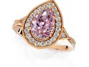 Halo Engagement Ring Setting for Fancy Pink Pear-Shaped Center with Milgrain Rim, Pave Band and Prong Head in Rose Gold