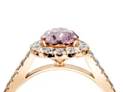 Halo Engagement Ring Setting for Fancy Pink Pear-Shaped Center with Narrowing Pave Band and Prong Head in Rose Gold