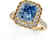 Milgrain Floral Halo Engagement Ring Setting for Fancy Blue Radiant Cut Center with Pave Band and Prong Head in Yellow Gold