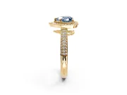 Milgrain Halo Engagement Ring Setting for Fancy Blue Heart-Shaped Center with Three-Sided Pave Band and Prong Head in Yellow Gold