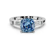 3 Stone Engagement Ring Setting for Fancy Blue Cushion Cut Center with Channel Baguette Accents and Prong Head in Platinum