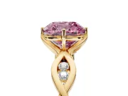 Solitaire Engagement Ring Setting for Fancy Pink Cushion Cut Center with Accented Twist Band and Leaf Prong Head in Yellow Gold
