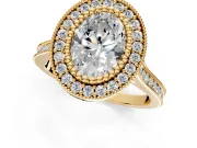 Halo Engagement Ring Setting for Oval Center with Milgrain Frame, Pave Band and Prong Head in Yellow Gold