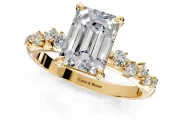 Solitaire Engagement Ring Setting for Emerald Cut Center with Trailing Leaf Accent Band and Prong Head in Yellow Gold