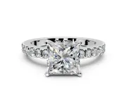 Solitaire Engagement Ring Setting for Princess Cut Center with Single Row Accent Band and Prong Head in Platinum