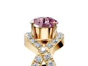 Halo Engagement Ring Setting for Fancy Pink Round Cut Center with Pave Infinity Twist Band and Prong Head in Yellow Gold