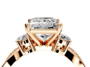 3 Stone Engagement Ring Setting for Princess Cut Center with Pave Twist Band and Prong Head in Rose Gold