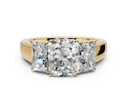 3 Stone Engagement Ring Setting for Radiant Cut Center with Raised Basket Heads and Prong Head in Yellow Gold