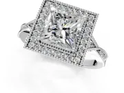 Halo Engagement Ring Setting for Princess Cut Center with Milgrain Rim, Pave Band and Prong Head in White Gold