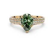 Solitaire Engagement Ring Setting for Fancy Green Pear-Shaped Center with Multi-Row Pave Accents and Basket Head in Yellow Gold