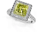 Milgrain Floral Halo Engagement Ring Setting for Fancy Yellow Princess Cut Center with Pave Band and Prong Head in White Gold