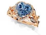 Halo Engagement Ring Setting for Fancy Blue Heart-Shaped Center with Leaf Motif Split Shank and Prong Head in Rose Gold