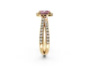 Halo Engagement Ring Setting for Fancy Pink Cushion Cut Center with Double Pave Split Shank and Prong Head in Yellow Gold