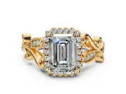 Halo Engagement Ring Setting for Emerald Cut Center with Leaf Motif Split Shank and Prong Head in Yellow Gold