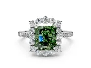 Halo Engagement Ring Setting for Fancy Green Radiant Cut Center with Single-Row Pave, Open Basket and Prong Head in White Gold