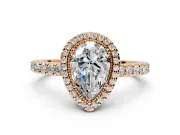 Halo Engagement Ring Setting for Pear-Shaped Center with Inner Milgrain Border and Prong Head in Rose Gold