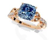 Leaf Motif Engagement Ring Setting for Fancy Blue Cushion Cut Center with Pave Band and Prong Head in Rose Gold