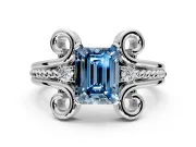 Solitaire Engagement Ring Setting for Fancy Blue Emerald Cut Center with Twisted Band and Scroll Prong Head in Sterling Silver