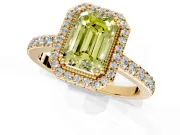 Halo Engagement Ring Setting for Fancy Yellow Emerald Cut Center with Inner Milgrain Border and Prong Head in Yellow Gold