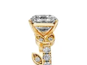 Leaf Motif Engagement Ring Setting for Asscher Cut Center with Pave Band and Prong Head in Yellow Gold