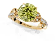 Leaf Motif Engagement Ring Setting for Fancy Yellow Round Cut Center with Pave Band and Prong Head in Yellow Gold