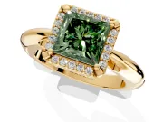 Halo Engagement Ring Setting for Fancy Green Princess Cut Center with Tapered Plain Band and Prong Head in Yellow Gold