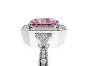 Halo Engagement Ring Setting for Fancy Pink Radiant Cut Center with Milgrain Rim, Pave Band and Prong Head in Sterling Silver