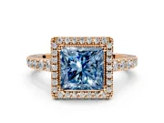 Halo Engagement Ring Setting for Fancy Blue Princess Cut Center with Inner Milgrain Border and Prong Head in Rose Gold